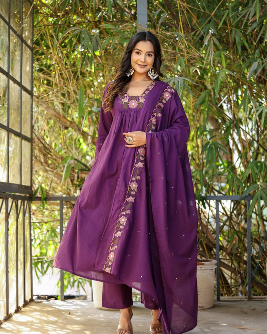 Purple Designer Embroidered Anarkali Kurta Set with Dupatta – Flared Ethnic Outfit
