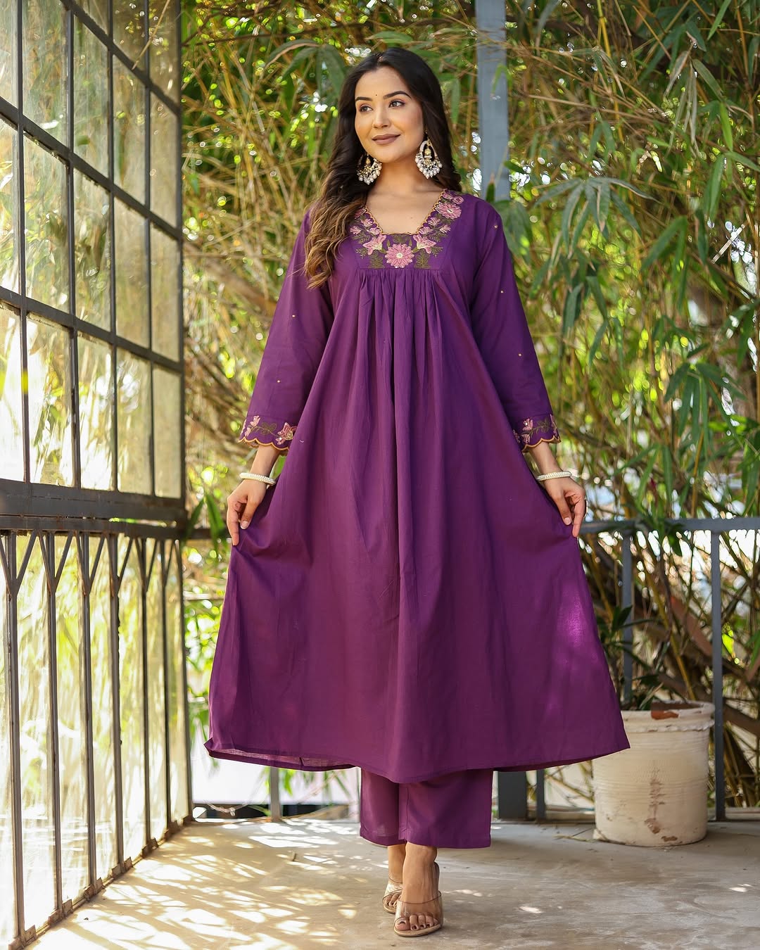 Purple Designer Embroidered Anarkali Kurta Set with Dupatta – Flared Ethnic Outfit