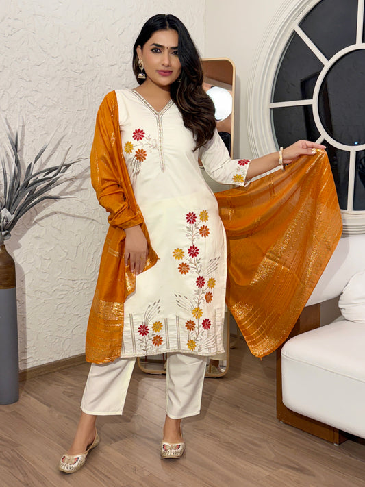 White Cotton Silk Embroidered Kurta set with Dupatta