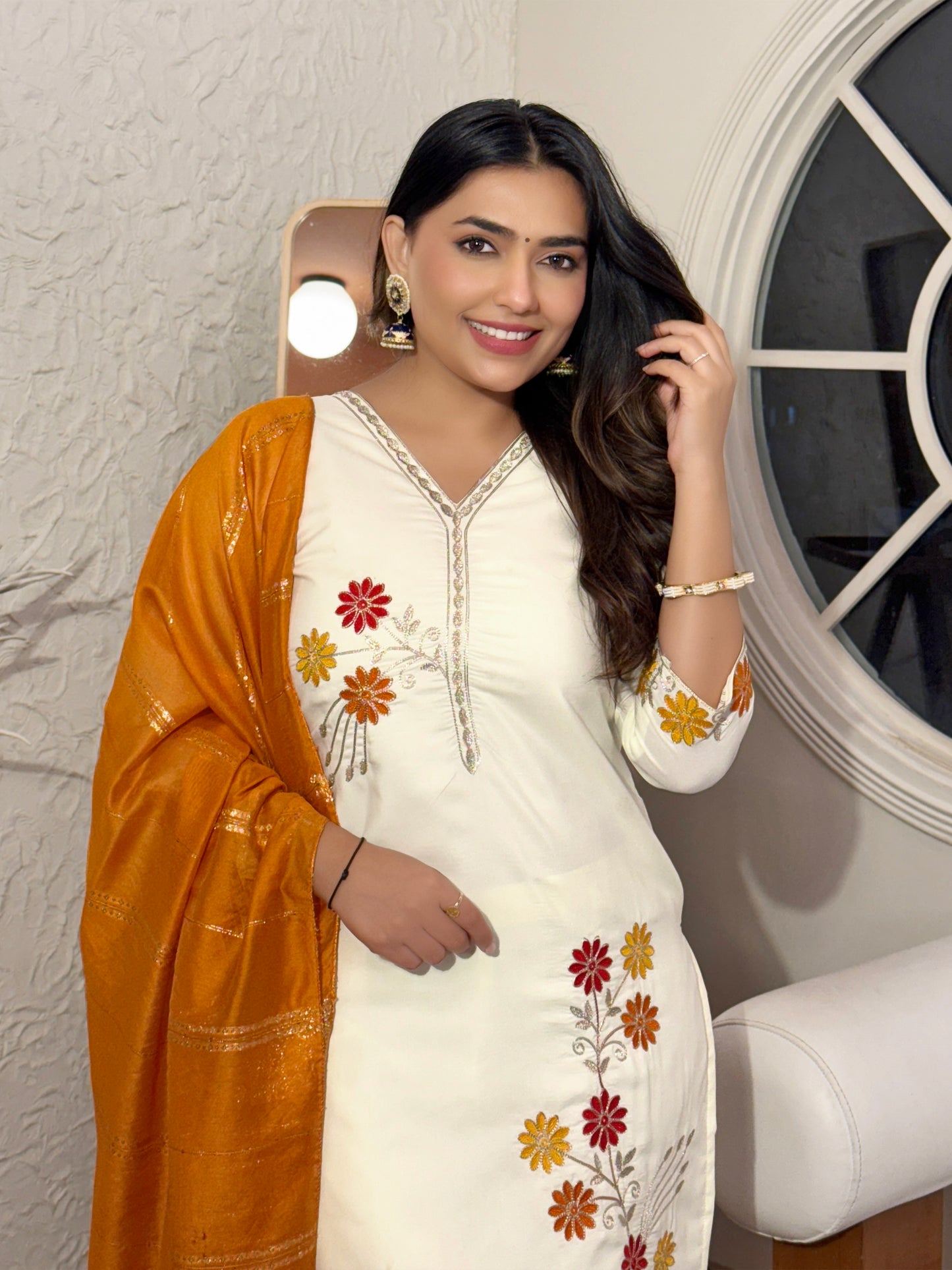 White Cotton Silk Embroidered Kurta set with Dupatta