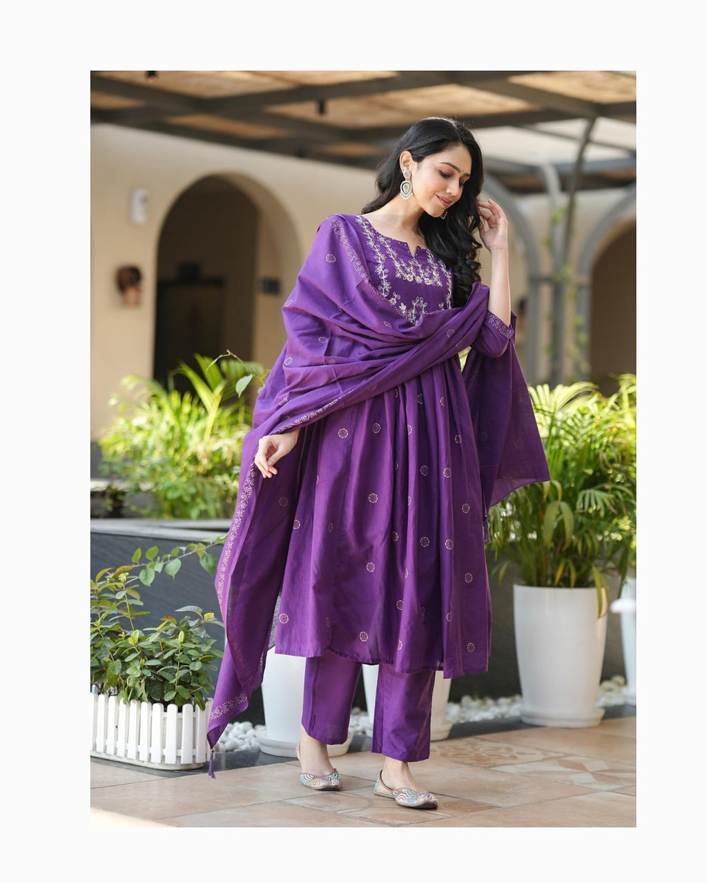 Purple Rayon Slub Flared Kurta Set with Dupatta | Embroidered Designer Suit