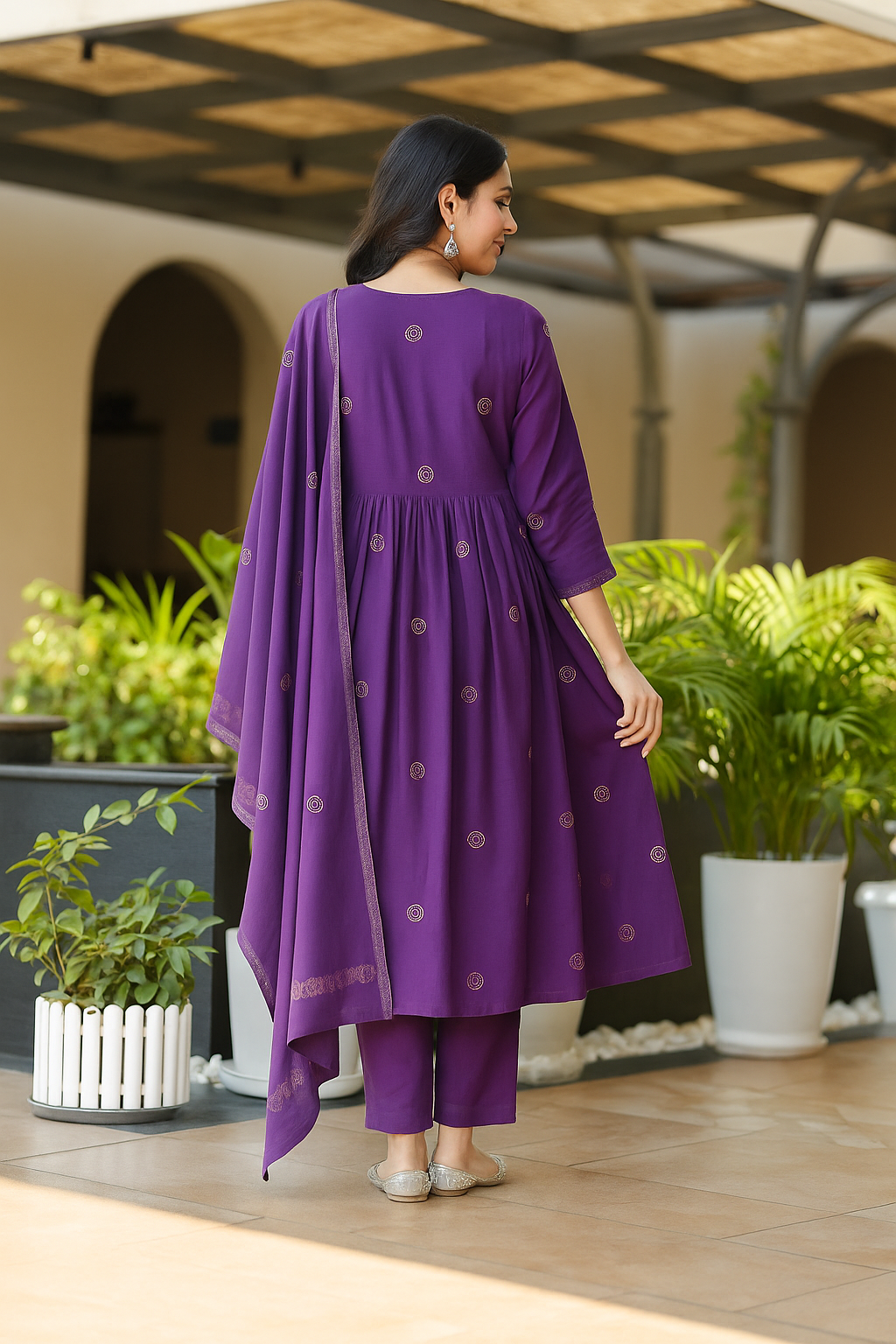 Purple Rayon Slub Flared Kurta Set with Dupatta | Embroidered Designer Suit