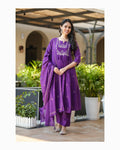 Purple Rayon Slub Flared Kurta Set with Dupatta | Embroidered Designer Suit