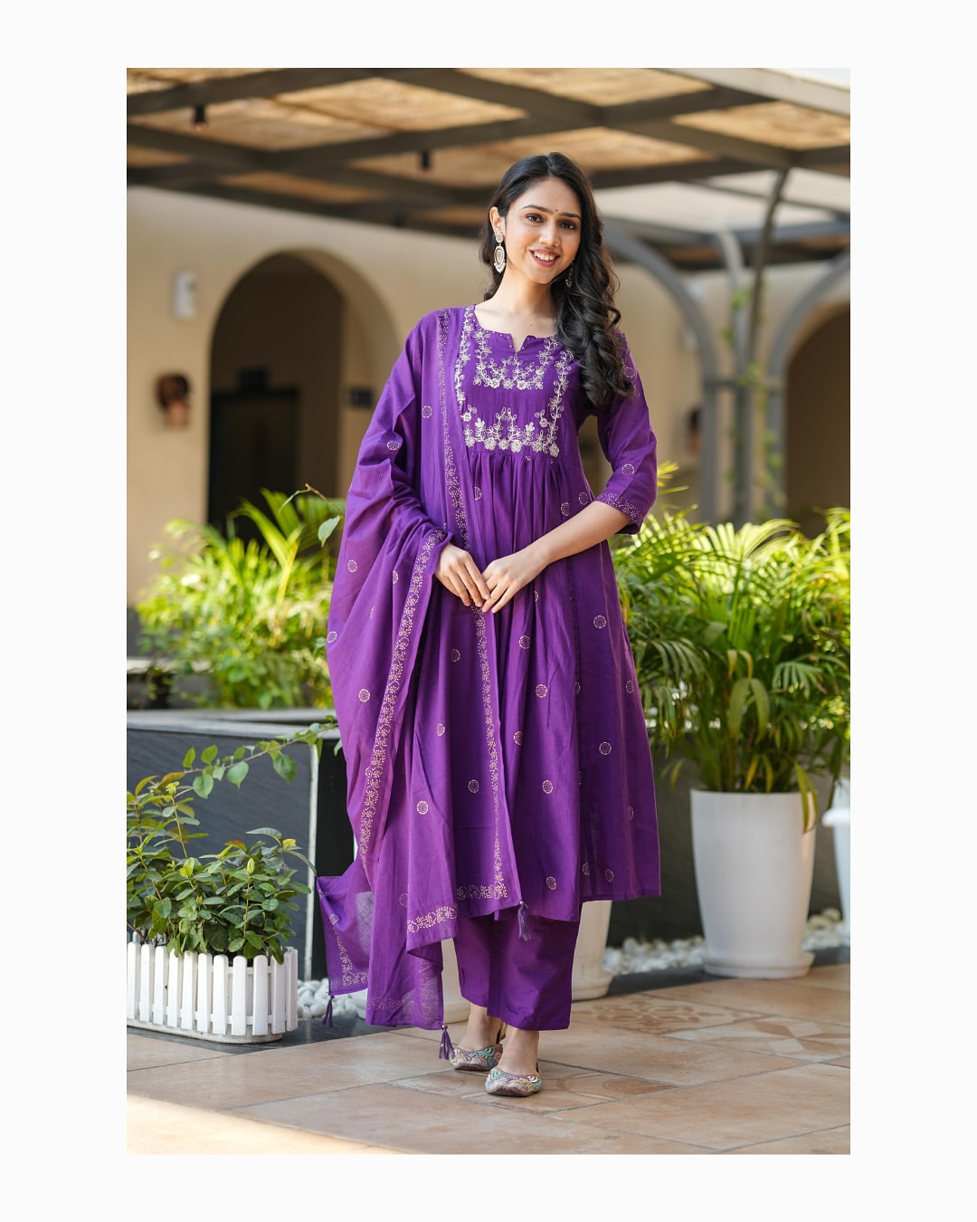 Purple Rayon Slub Flared Kurta Set with Dupatta | Embroidered Designer Suit