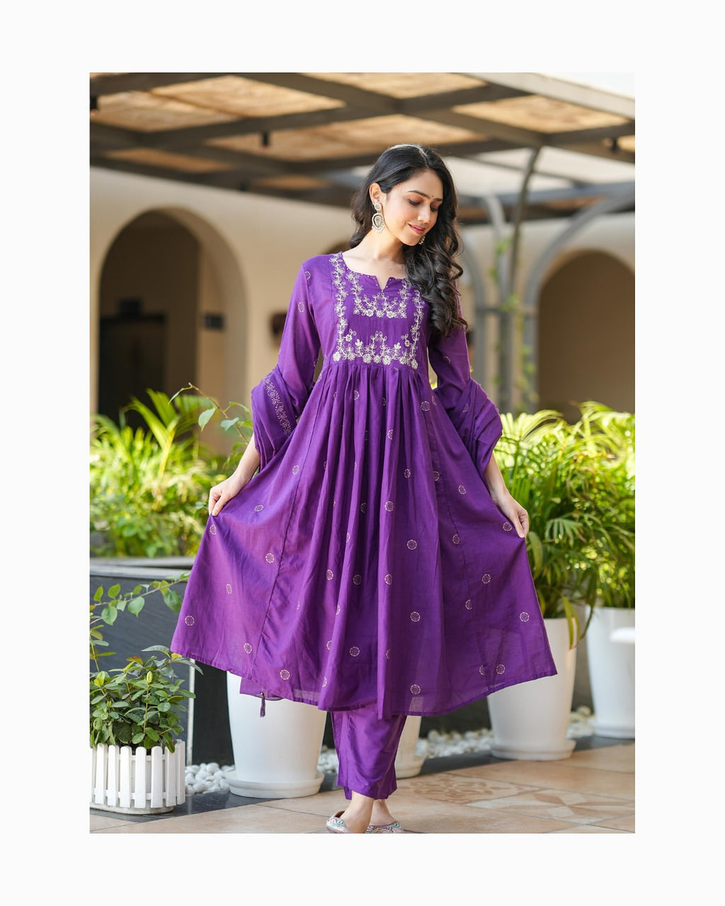Purple Rayon Slub Flared Kurta Set with Dupatta | Embroidered Designer Suit