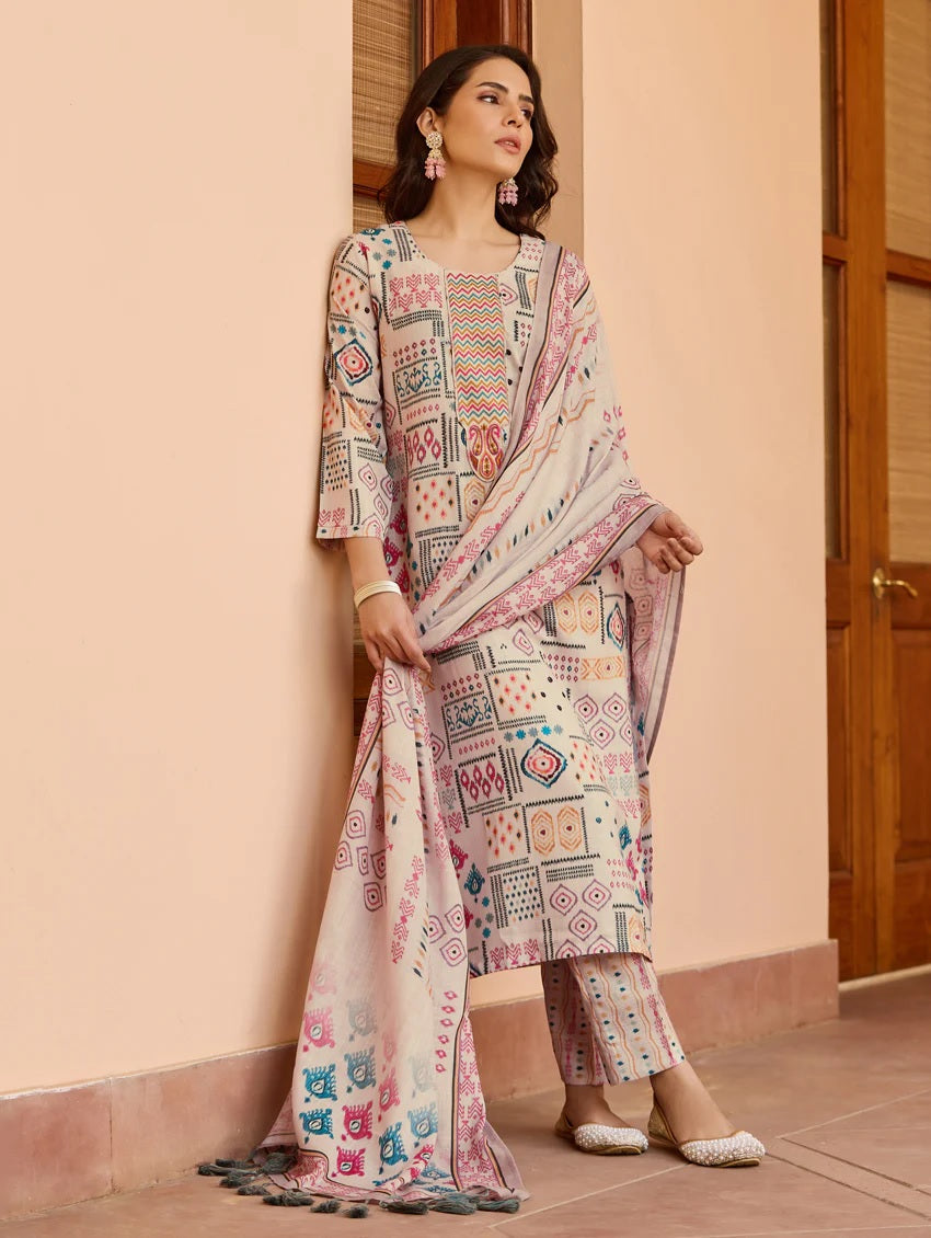 Cream Abstract Printed Cotton Kurta Set with Pants & Dupatta