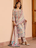 Cream Abstract Printed Cotton Kurta Set with Pants & Dupatta