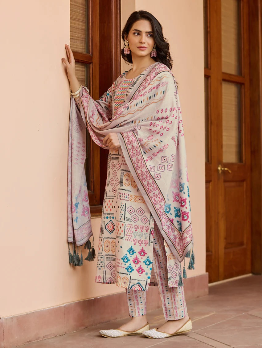Cream Abstract Printed Cotton Kurta Set with Pants & Dupatta