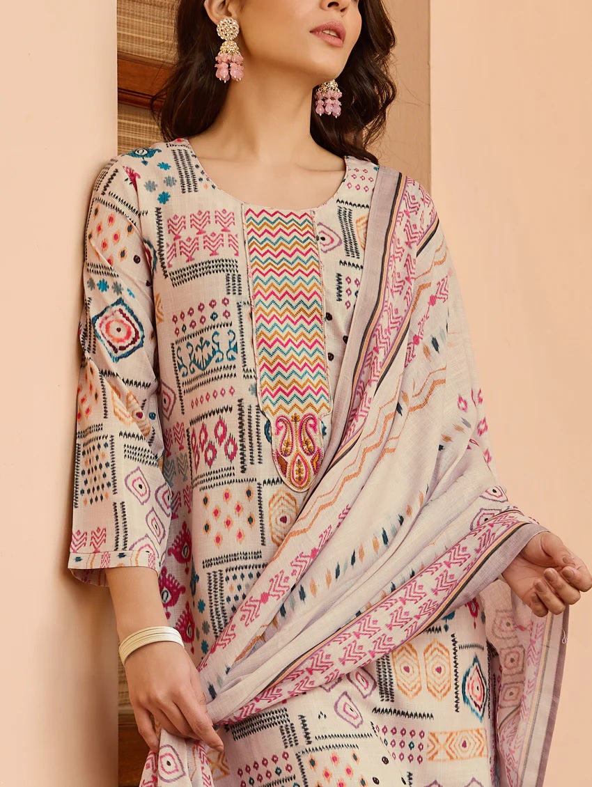 Cream Abstract Printed Cotton Kurta Set with Pants & Dupatta