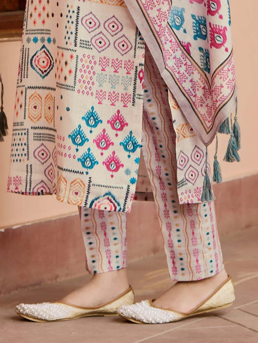 Cream Abstract Printed Cotton Kurta Set with Pants & Dupatta