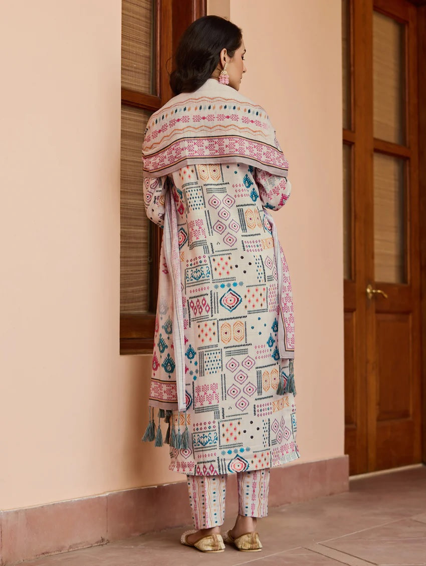 Cream Abstract Printed Cotton Kurta Set with Pants & Dupatta