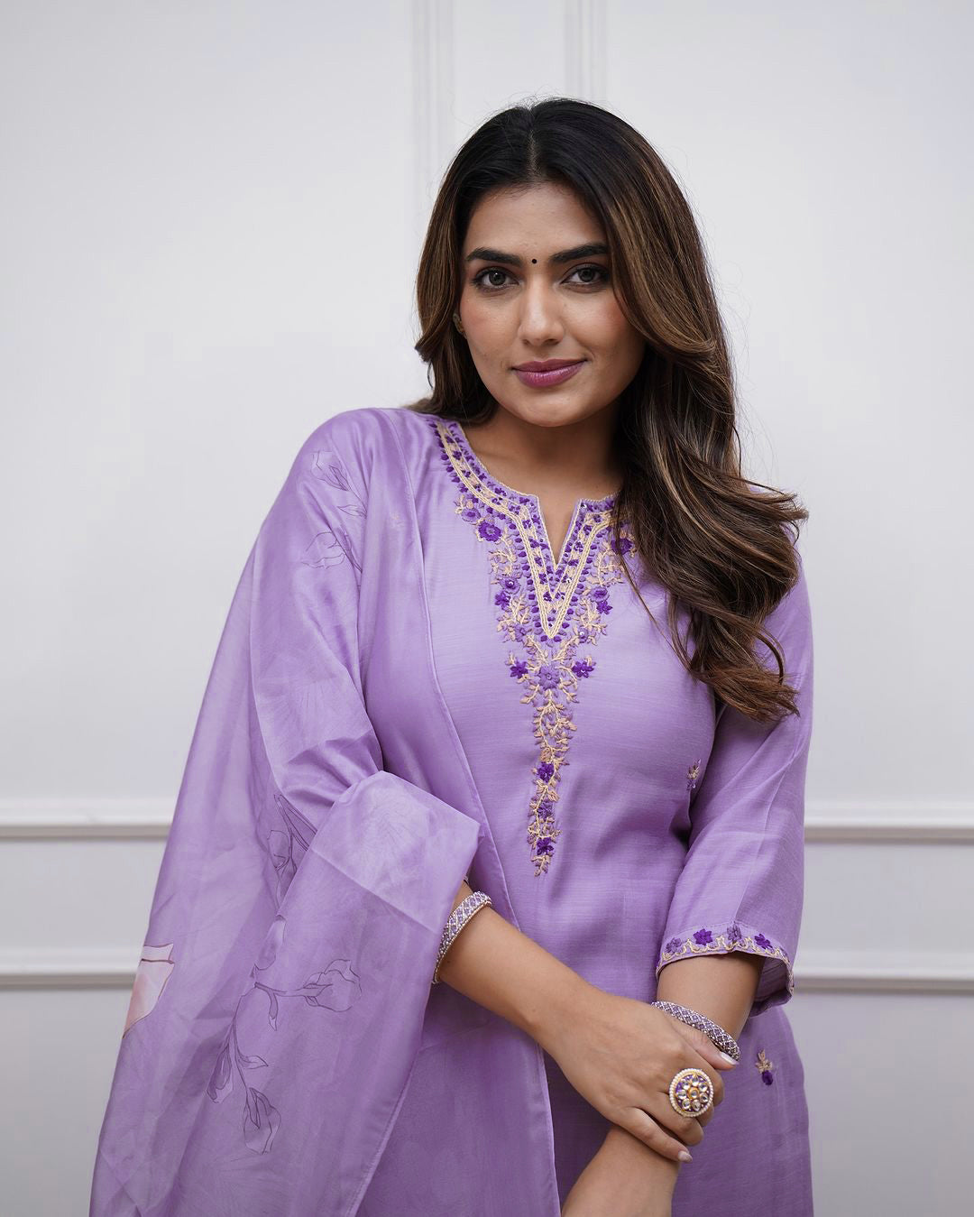 Purple Embroidered Rayon Kurta Set with Pants & Dupatta