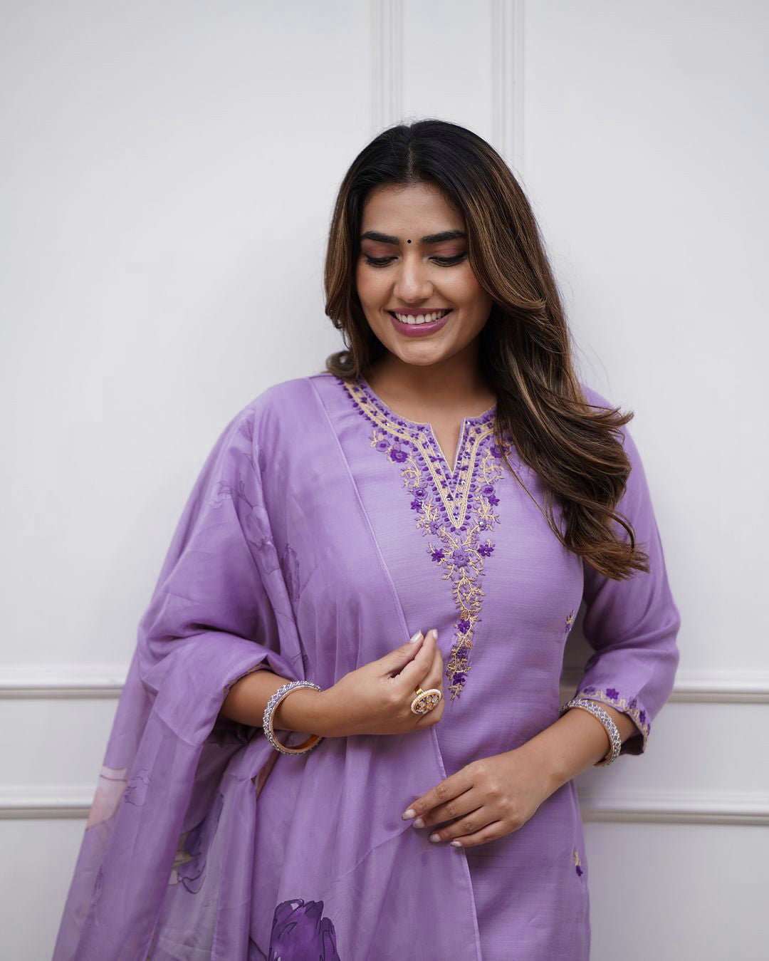 Purple Embroidered Rayon Kurta Set with Pants & Dupatta