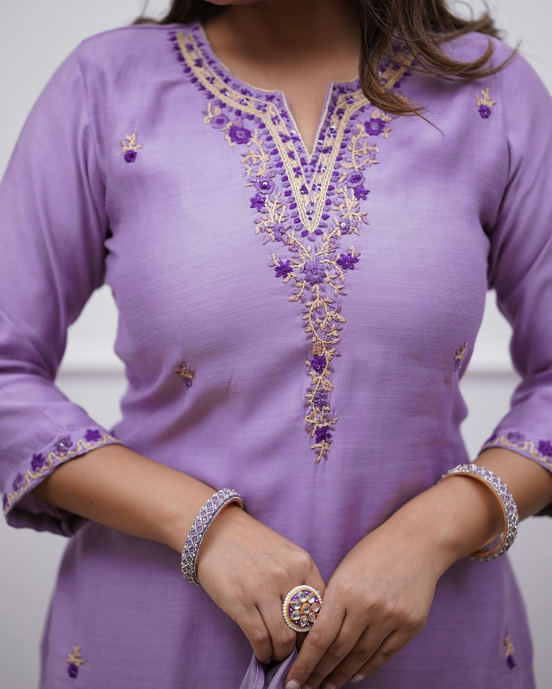 Purple Embroidered Rayon Kurta Set with Pants & Dupatta