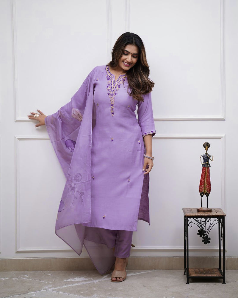 Purple Embroidered Rayon Kurta Set with Pants & Dupatta