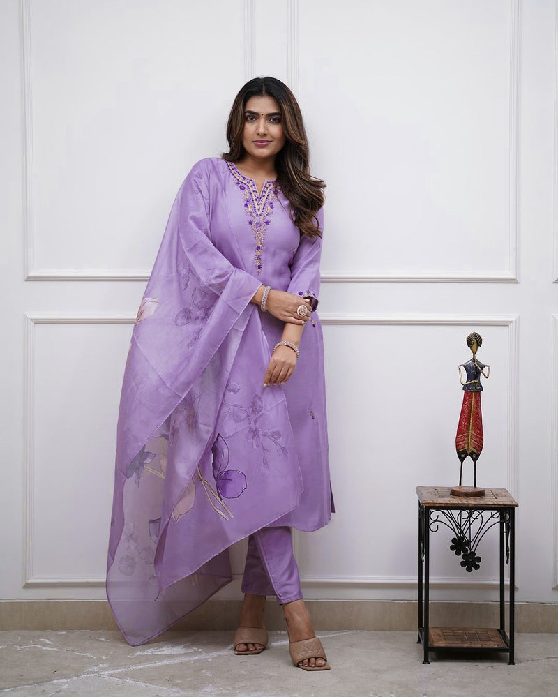 Purple Embroidered Rayon Kurta Set with Pants & Dupatta