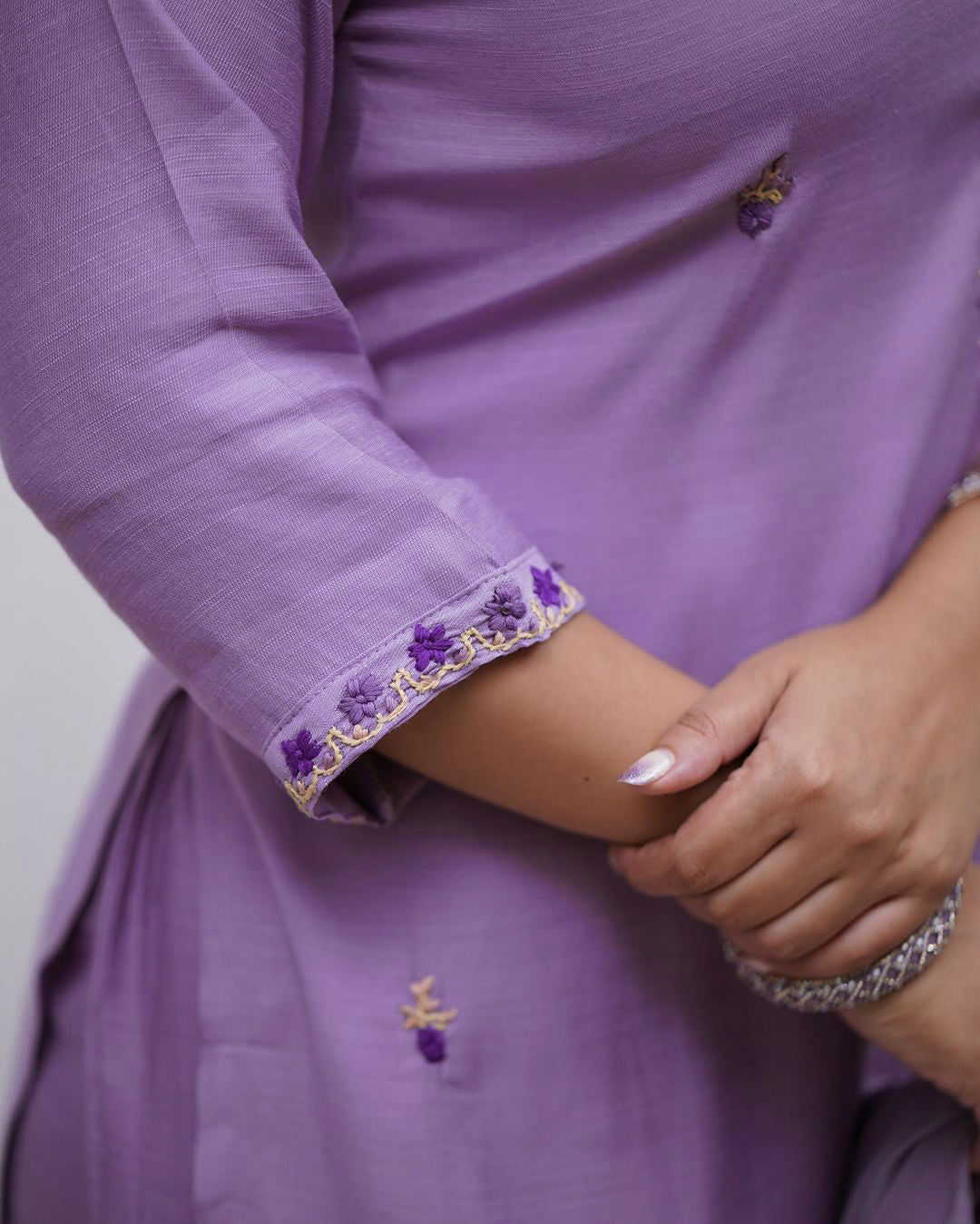 Purple Embroidered Rayon Kurta Set with Pants & Dupatta
