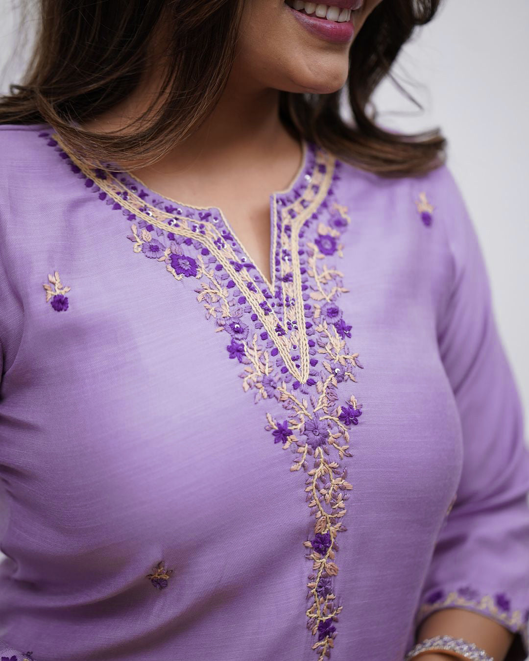 Purple Embroidered Rayon Kurta Set with Pants & Dupatta