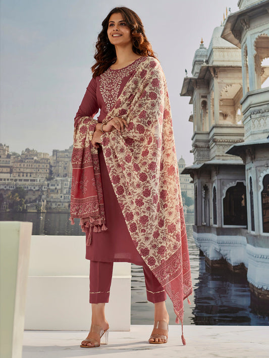 Wine Red Embroidered Kurta Set with Pants & Dupatta – Ethnic Wear