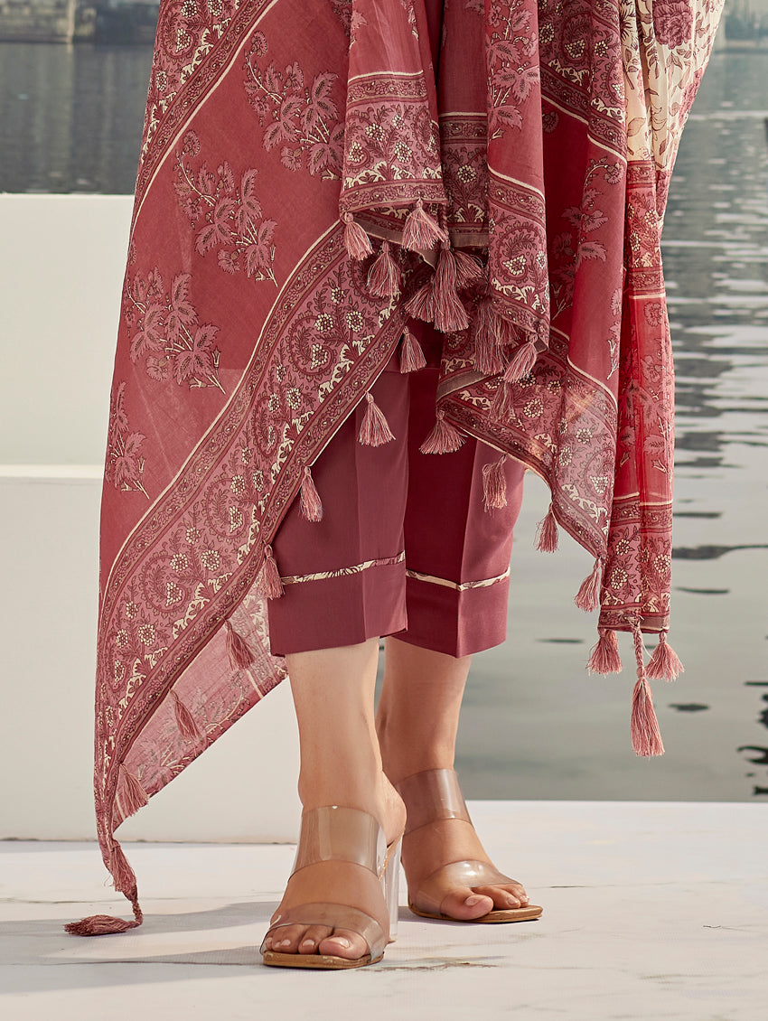 Wine Red Embroidered Kurta Set with Pants & Dupatta – Ethnic Wear