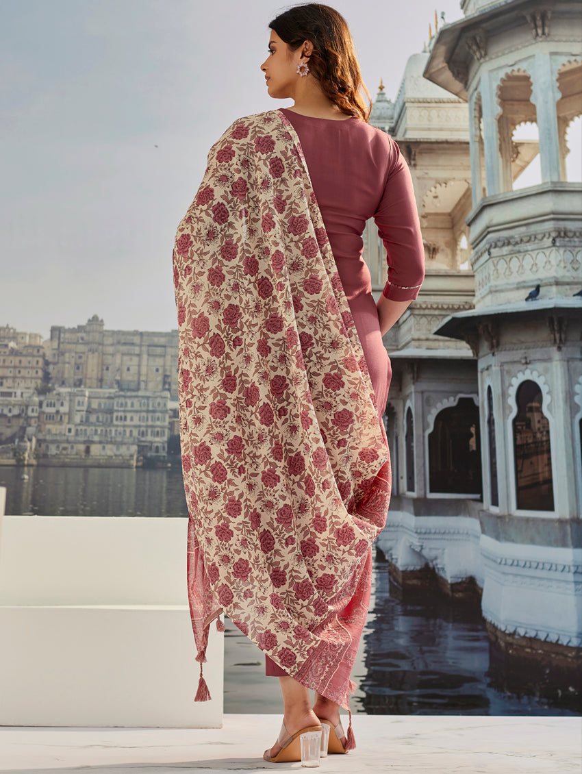 Wine Red Embroidered Kurta Set with Pants & Dupatta – Ethnic Wear