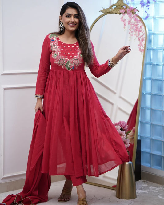 Designer Red Anarkali Kurta Set with Embroidery and Dupatta – Wedding & Party Wear