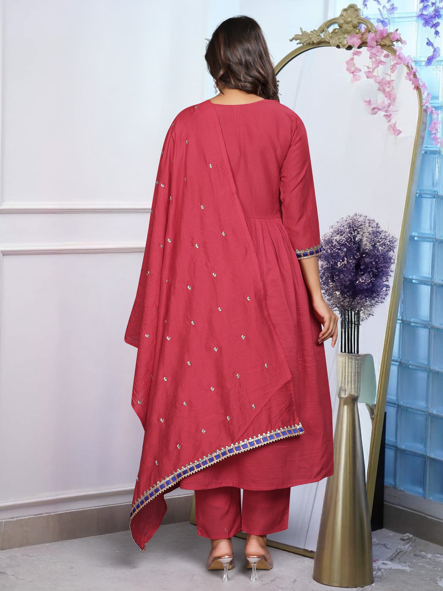 Designer Red Anarkali Kurta Set with Embroidery and Dupatta – Wedding & Party Wear