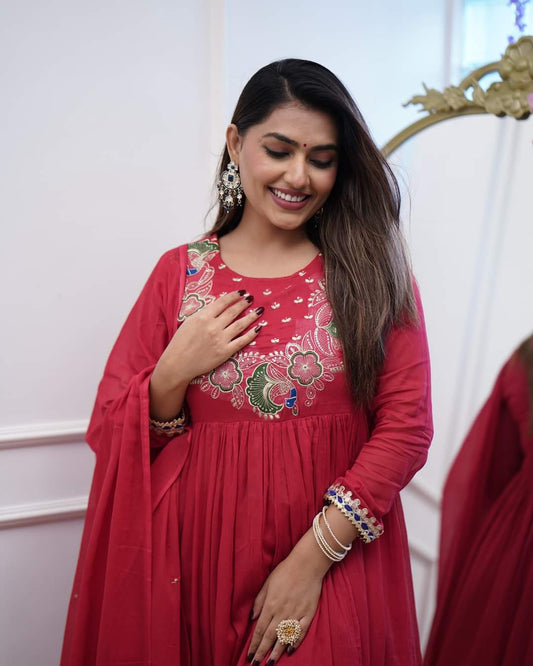 Designer Red Anarkali Kurta Set with Embroidery and Dupatta – Wedding & Party Wear