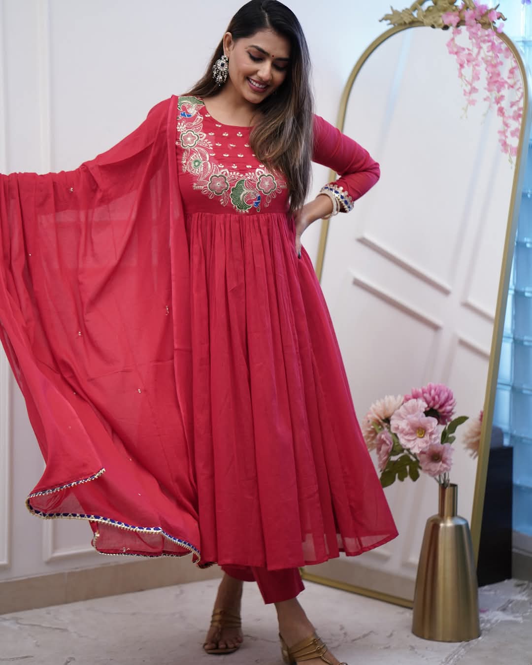 Designer Red Anarkali Kurta Set with Embroidery and Dupatta – Wedding & Party Wear