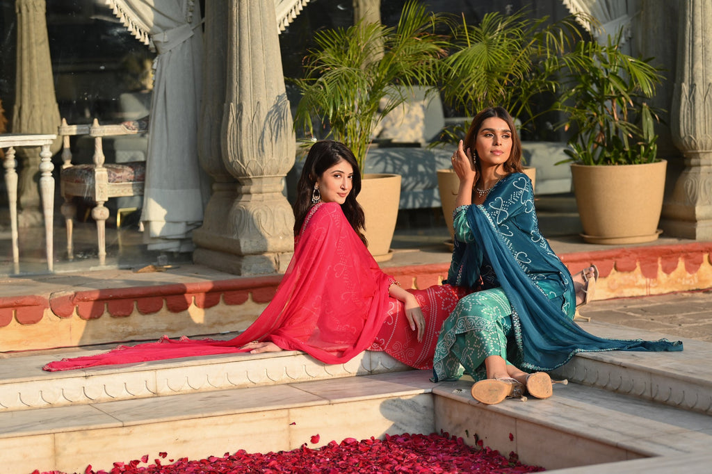 Red Chinnon Silk Suit Set with Dupatta | Designer Printed & Embroidered Kurta Set