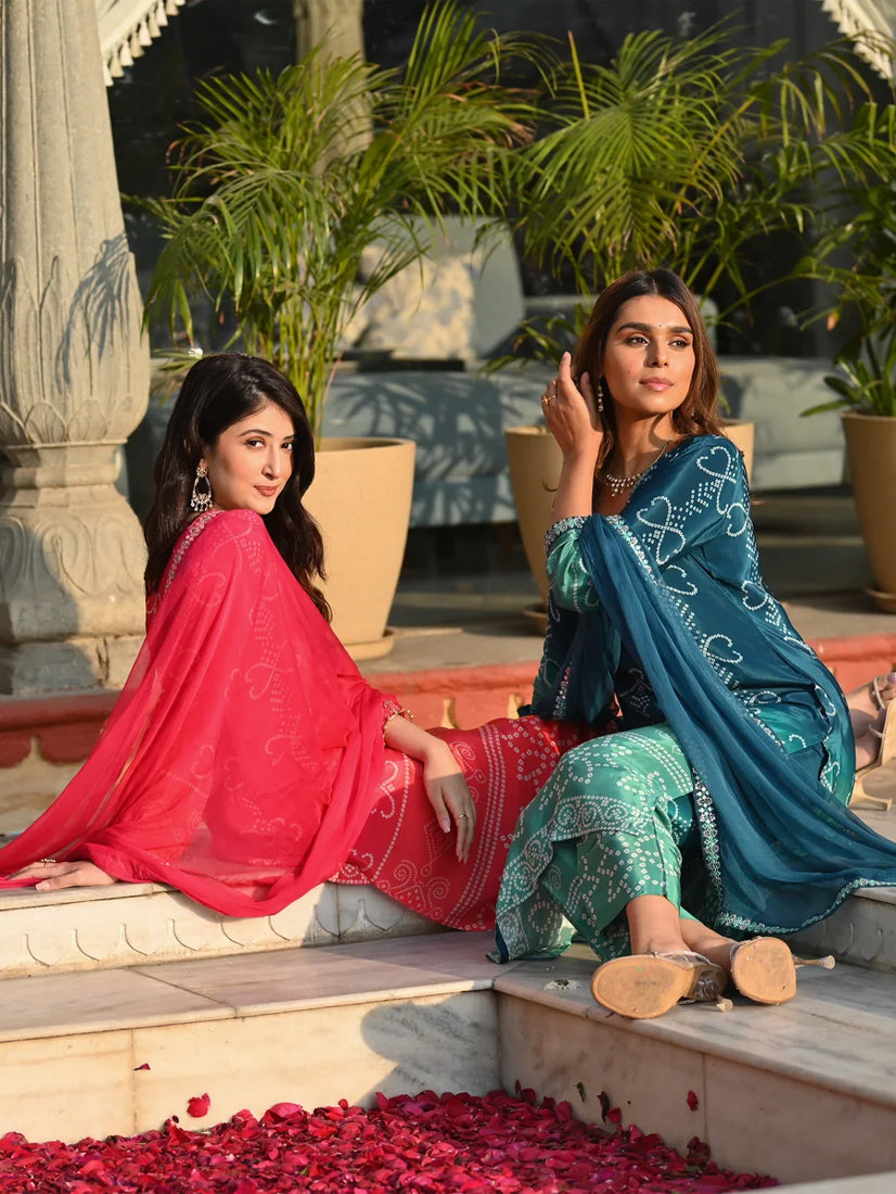 Red Chinnon Silk Suit Set with Dupatta | Designer Printed & Embroidered Kurta Set