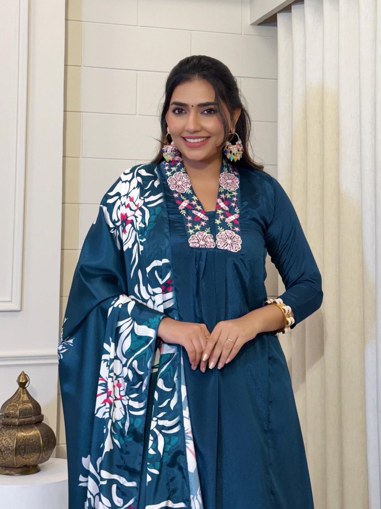 Festive Cyan Blue Chinon Kurta Set with Dupatta