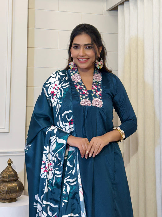 Festive Cyan Blue Chinon Kurta Set with Dupatta