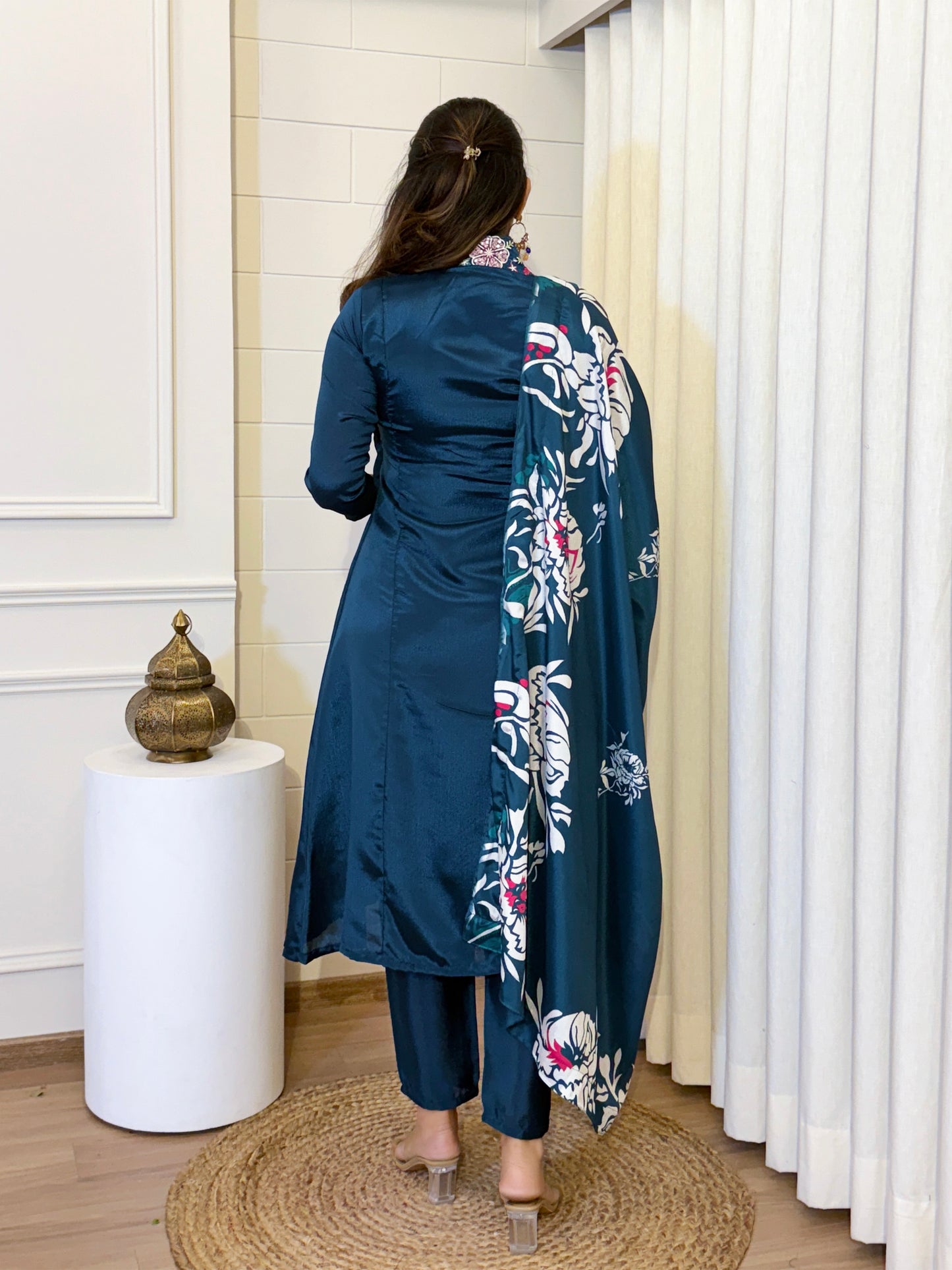 Festive Cyan Blue Chinon Kurta Set with Dupatta