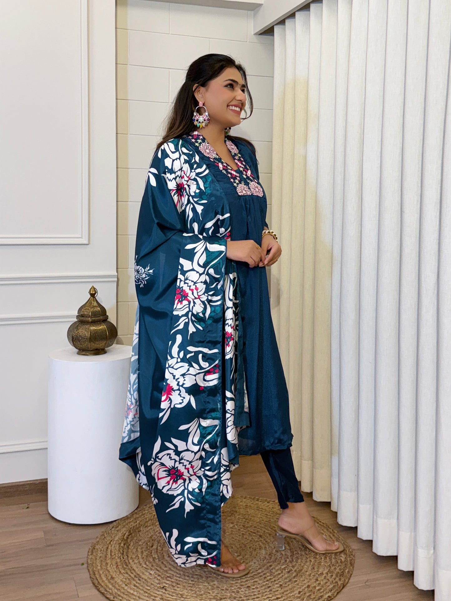 Festive Cyan Blue Chinon Kurta Set with Dupatta