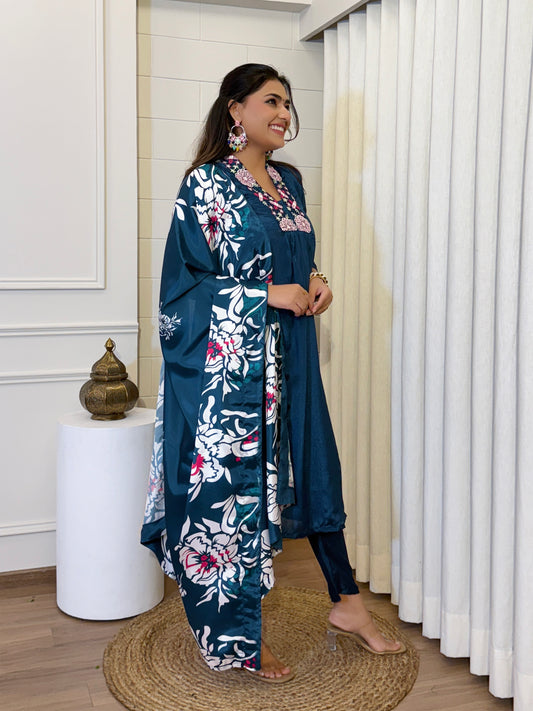 Festive Cyan Blue Chinon Kurta Set with Dupatta
