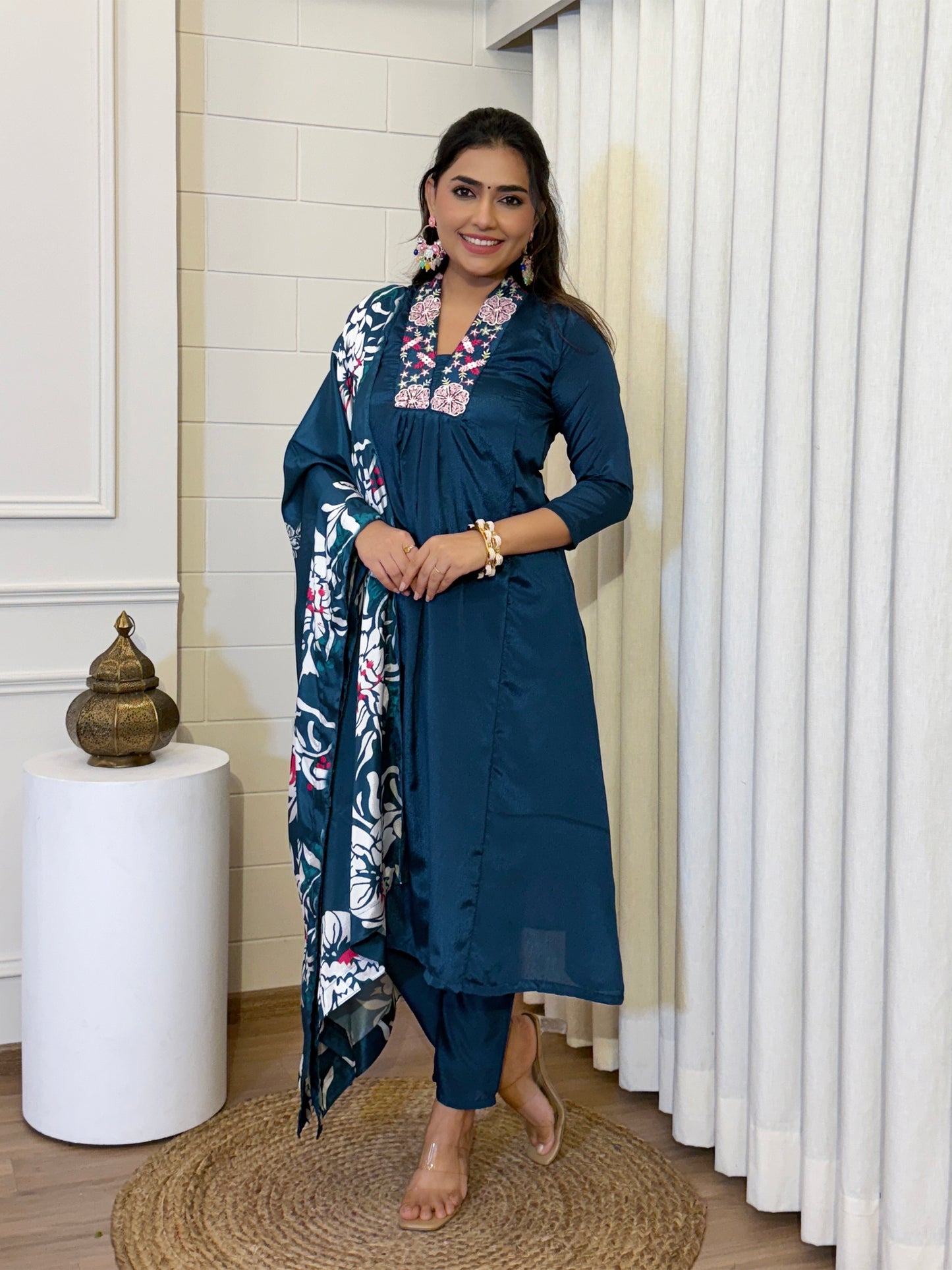 Festive Cyan Blue Chinon Kurta Set with Dupatta