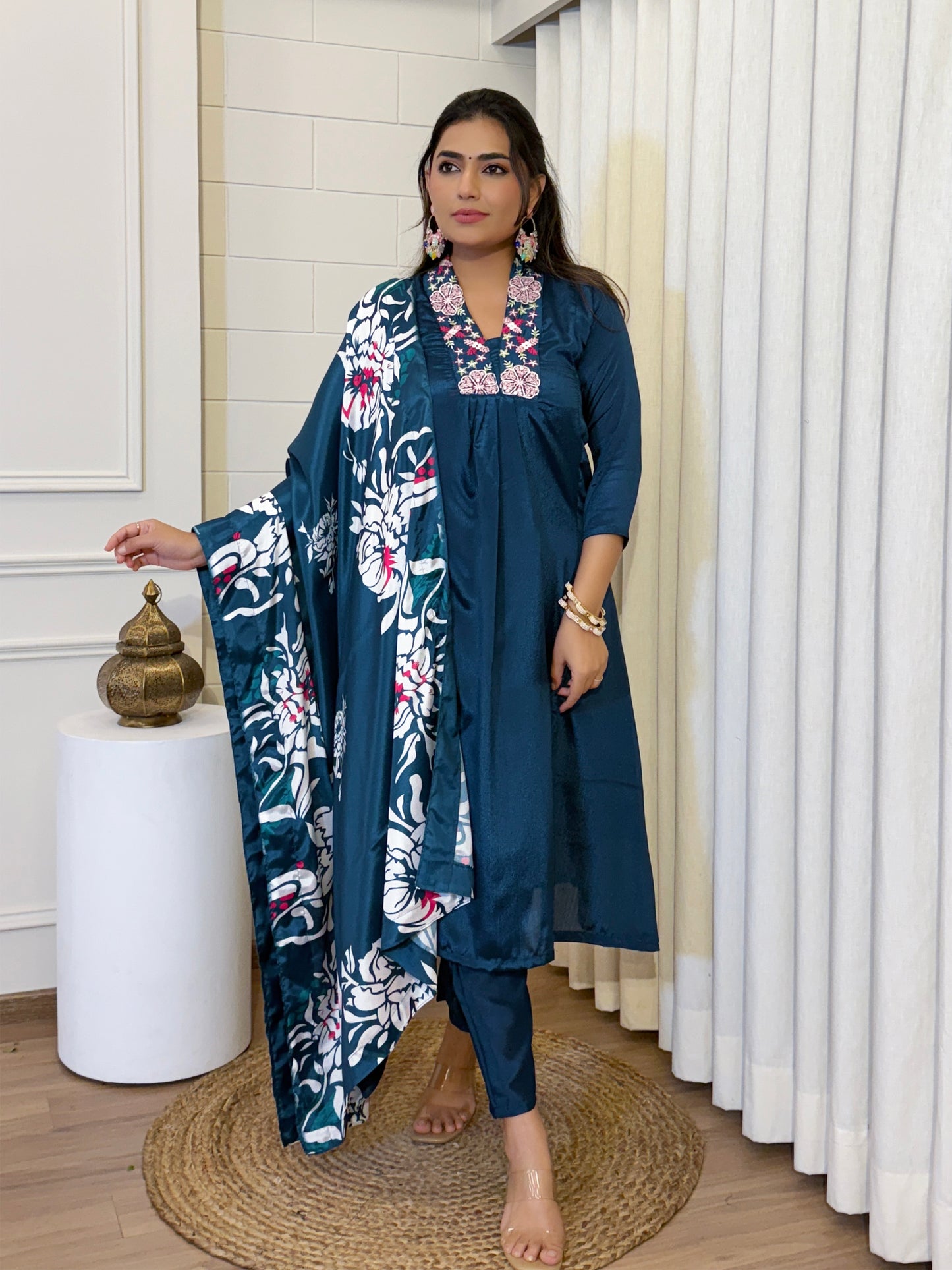 Festive Cyan Blue Chinon Kurta Set with Dupatta