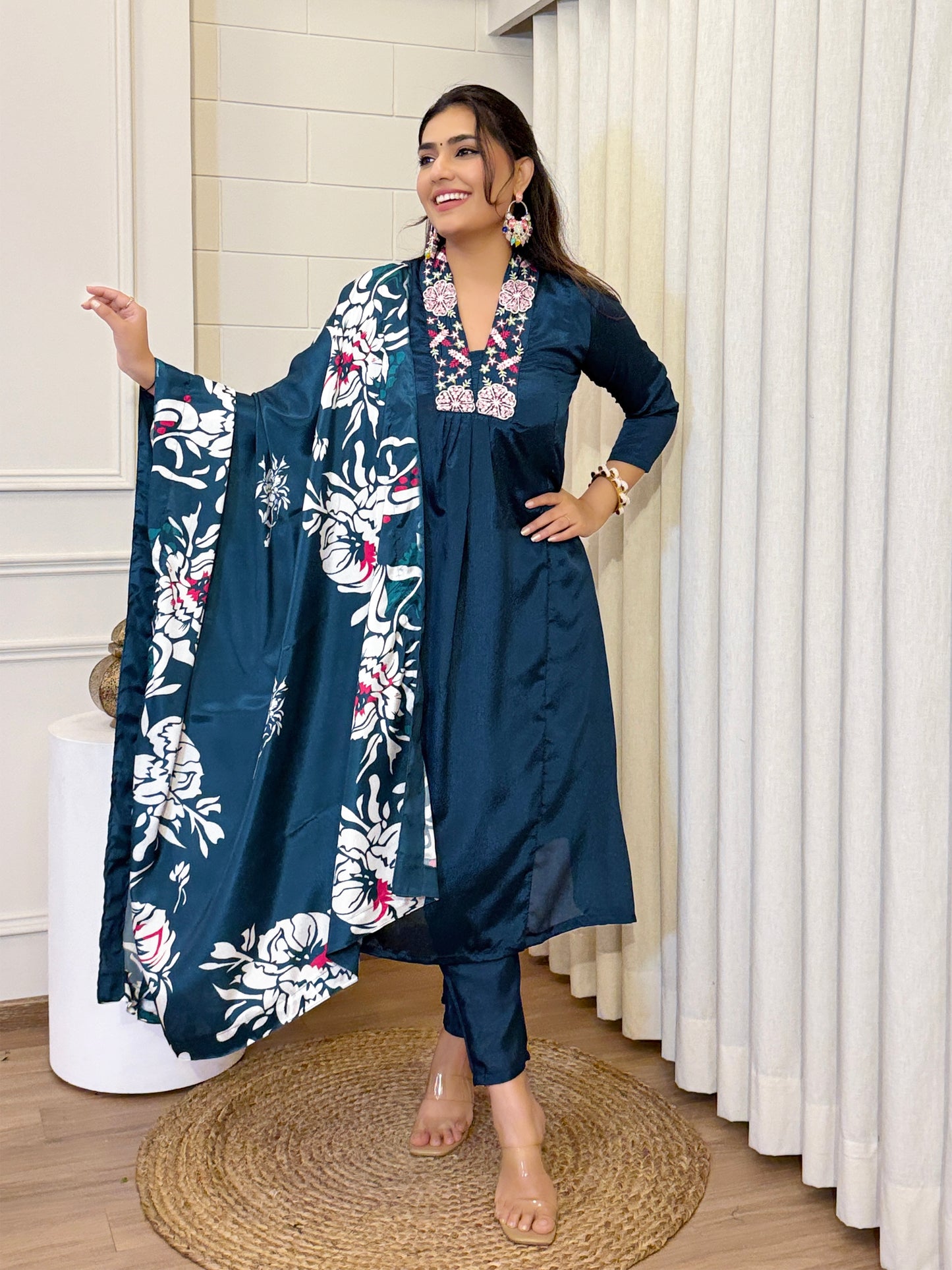 Festive Cyan Blue Chinon Kurta Set with Dupatta