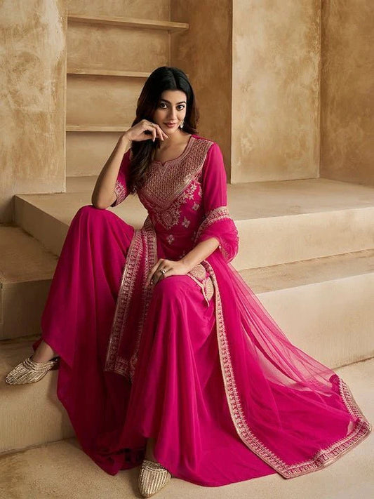 Pinkish Red Embroidered Kurta Sharara Set with Dupatta for Women | Festive & Wedding Wear