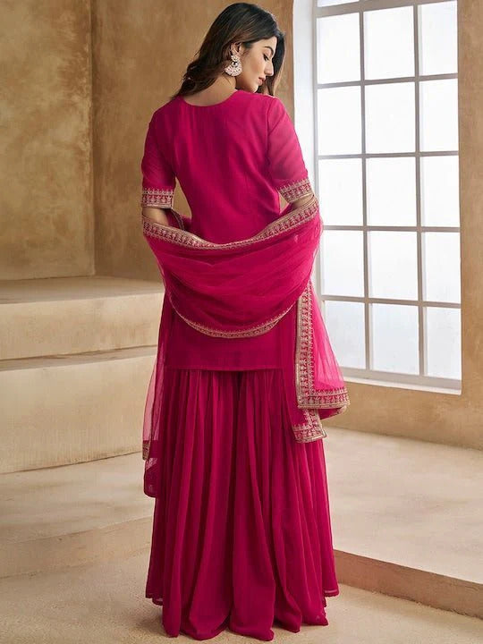 Pinkish Red Embroidered Kurta Sharara Set with Dupatta for Women | Festive & Wedding Wear