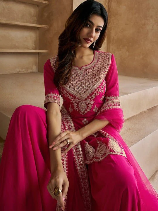 Pinkish Red Embroidered Kurta Sharara Set with Dupatta for Women | Festive & Wedding Wear