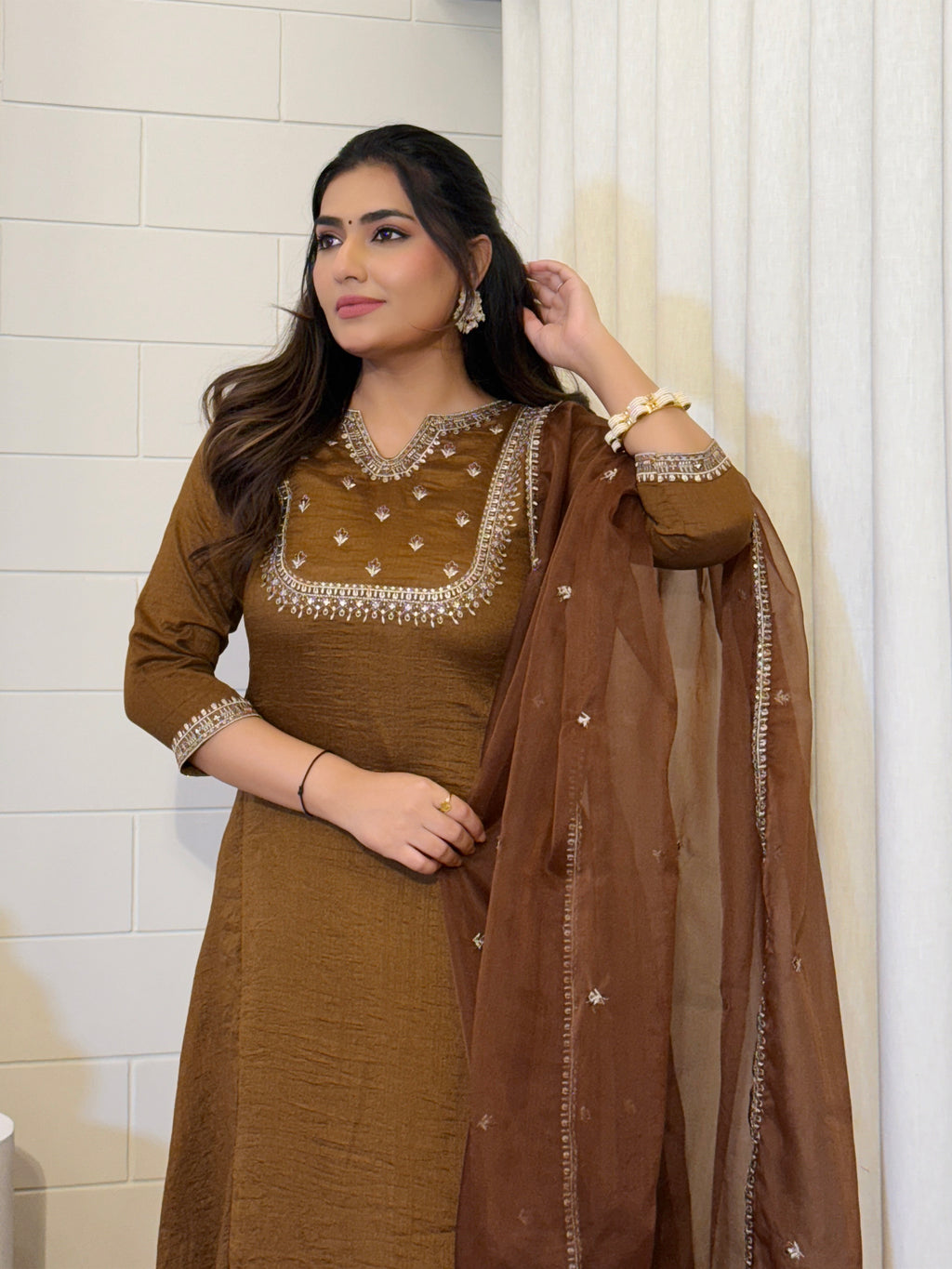 Brown Vichitra Silk Suit Set with Organza Dupatta | Elegant Embroidered Kurta Set
