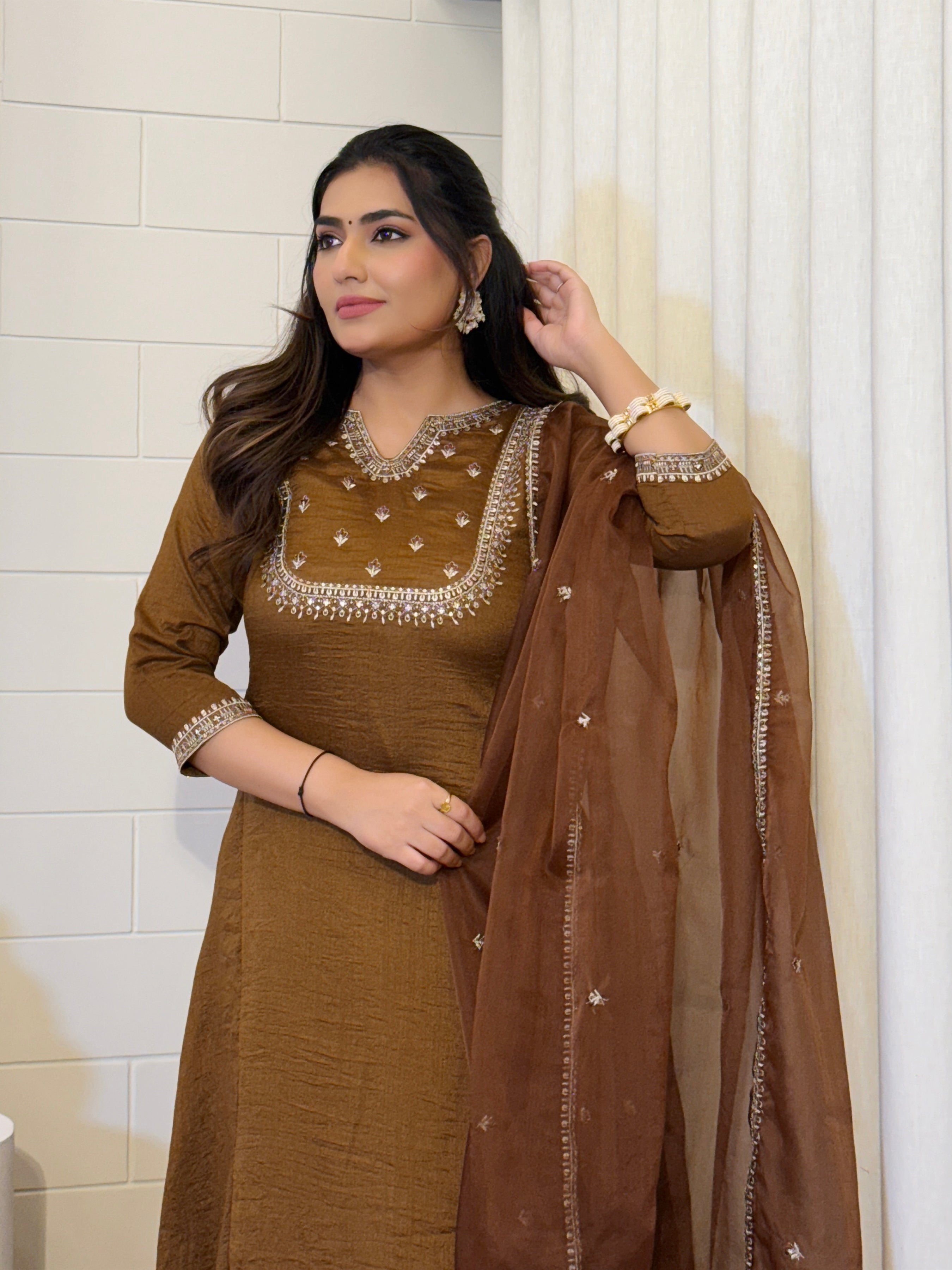 Brown Vichitra Silk Suit Set with Organza Dupatta | Elegant Embroidered Kurta Set
