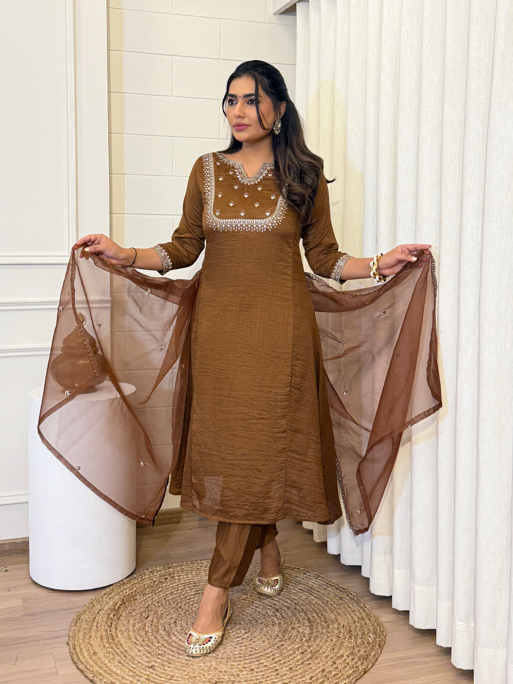 Brown Vichitra Silk Suit Set with Organza Dupatta | Elegant Embroidered Kurta Set