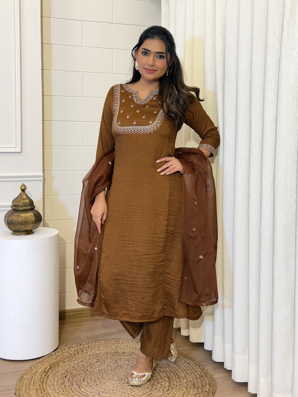 Brown Vichitra Silk Suit Set with Organza Dupatta | Elegant Embroidered Kurta Set