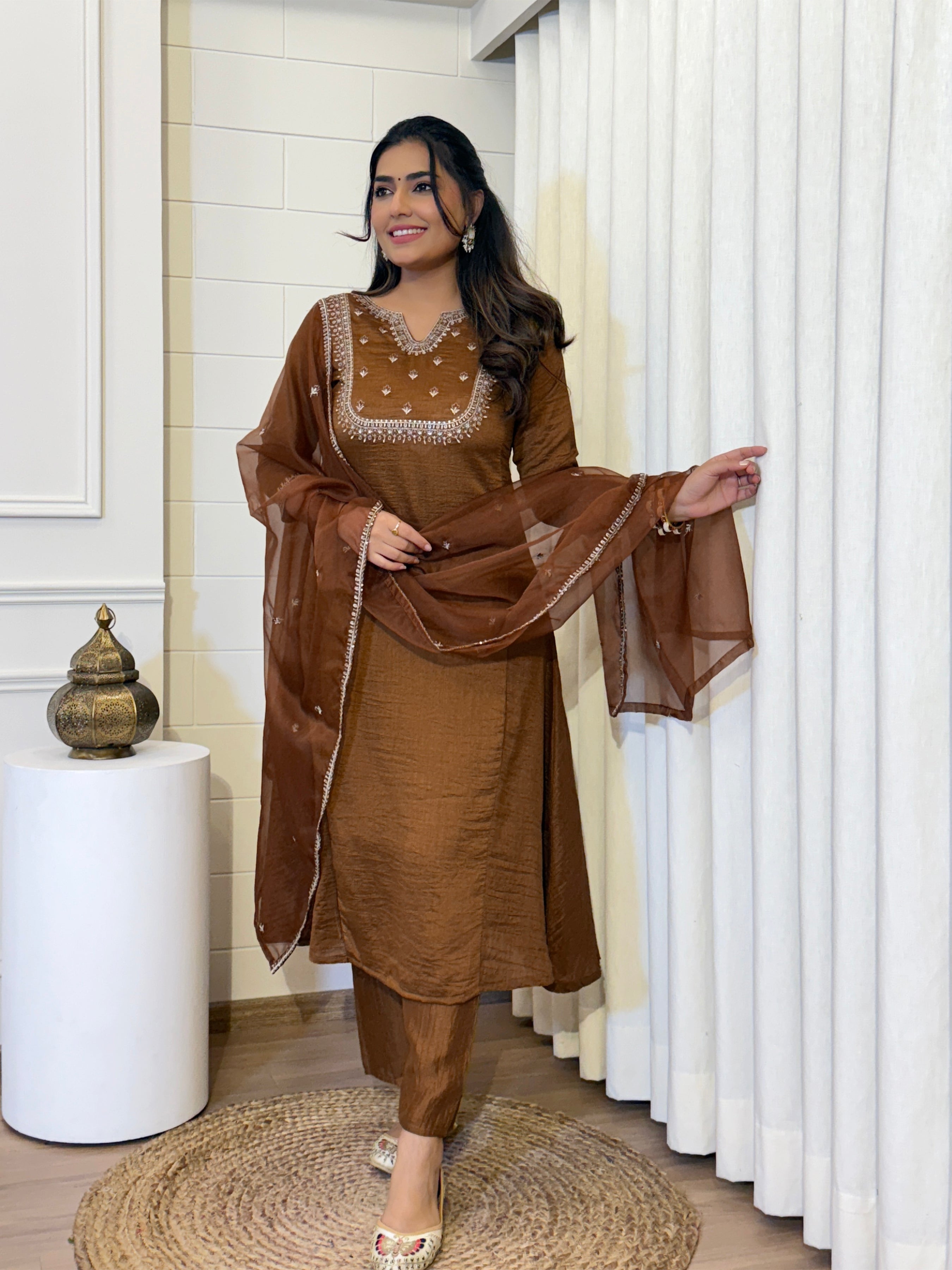 Brown Vichitra Silk Suit Set with Organza Dupatta | Elegant Embroidered Kurta Set