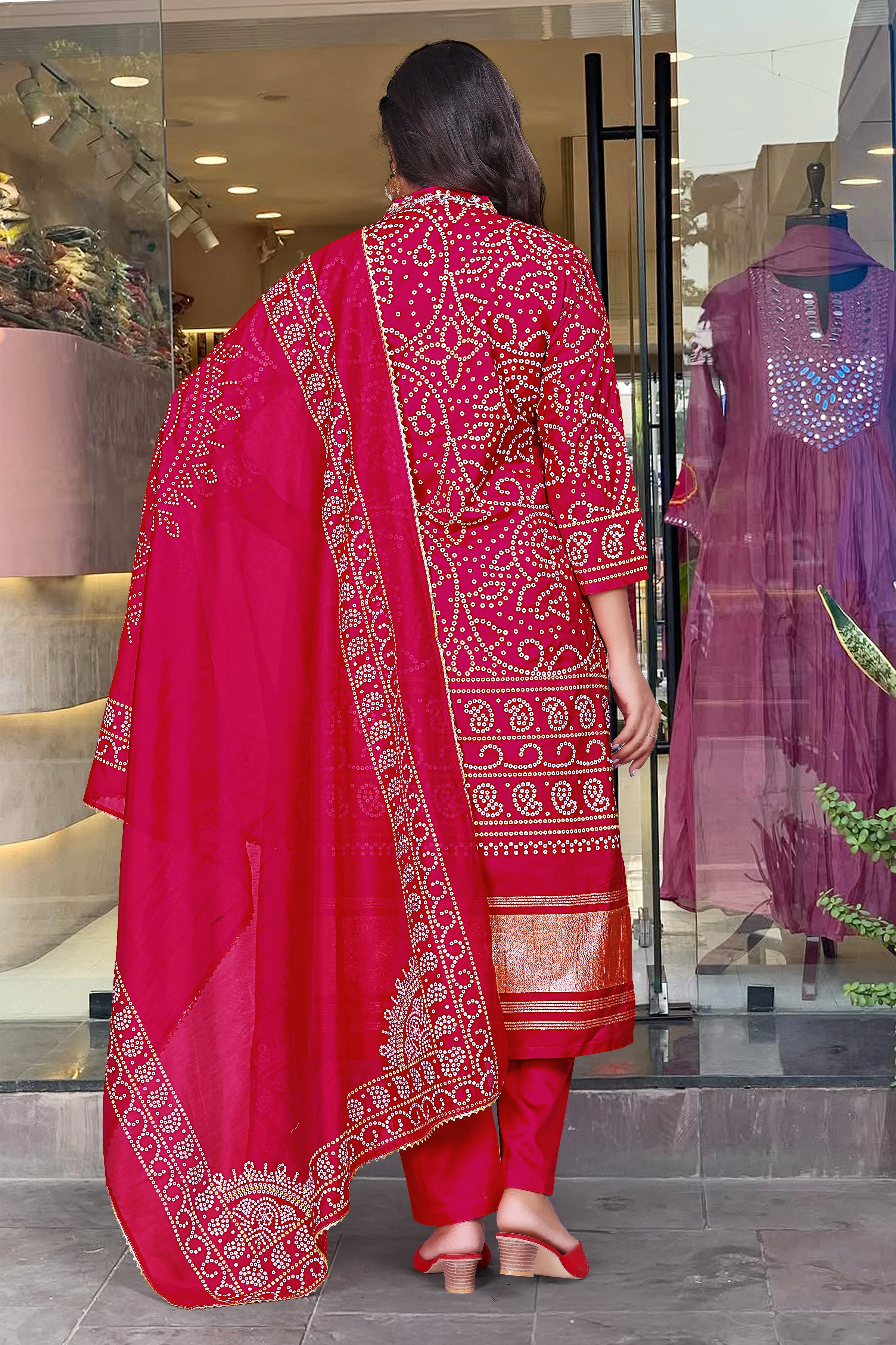 Red Viscose Silk Suit Set with Dupatta | Designer Printed & Embroidered Kurta Set