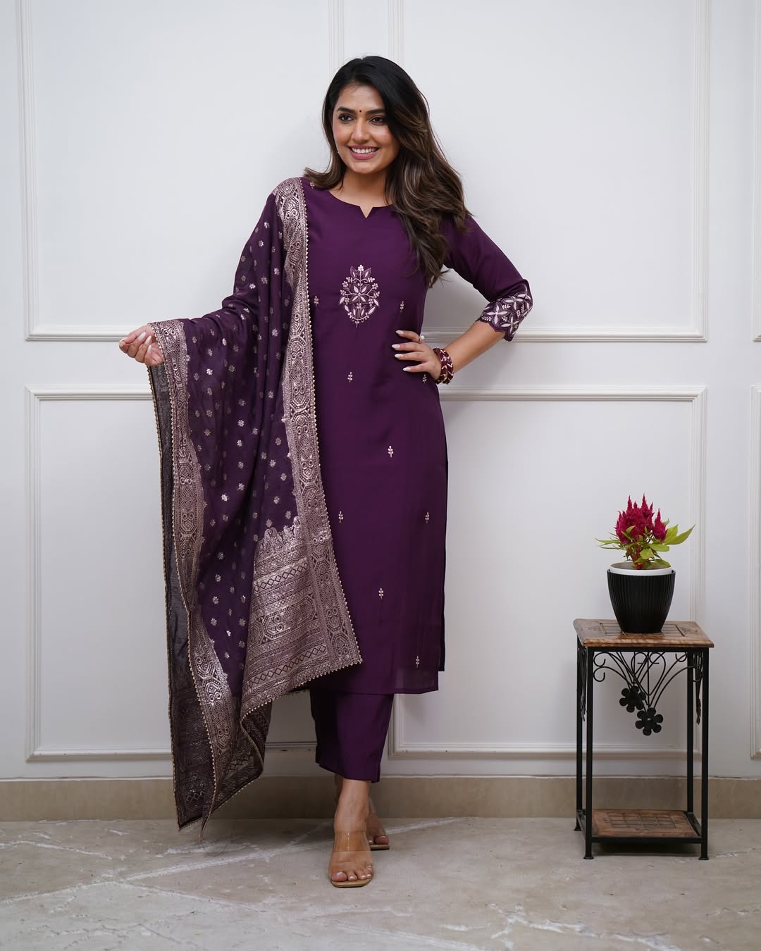 Festive Purple Chanderi Kurta Pant Set with Dupatta