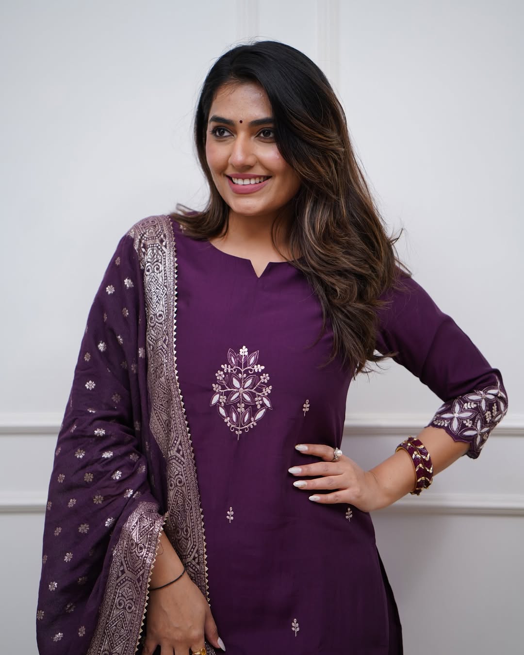 Festive Purple Chanderi Kurta Pant Set with Dupatta